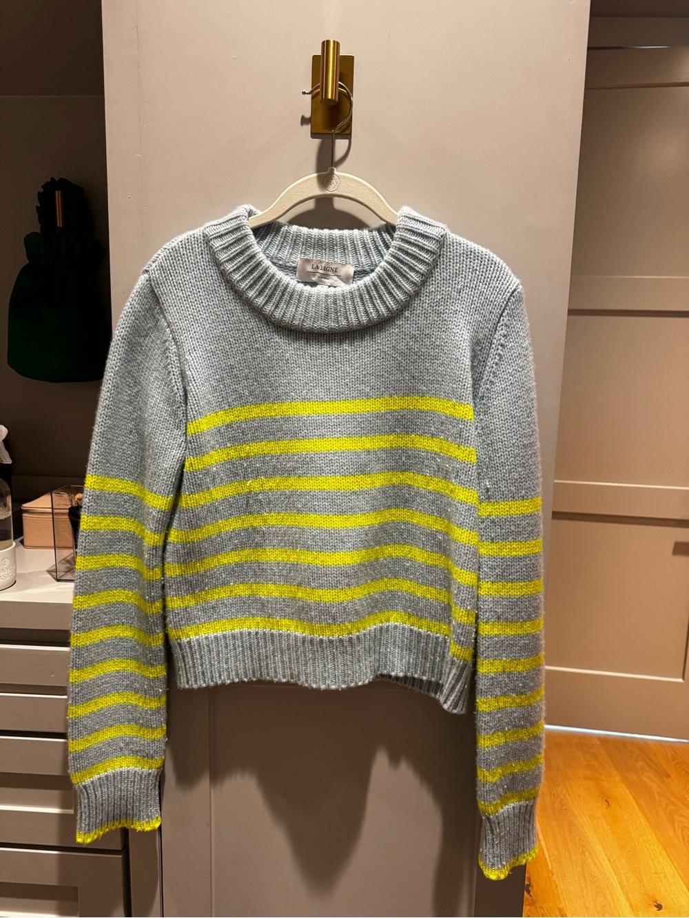La Ligne Gray Crewneck Sweater with Neon Yellow Stripes
